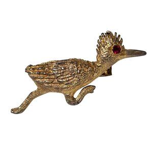 VTG Roadrunner Bird Brooch Gold Tone Red Rhinestone Eye Figural Pin Southwestern
